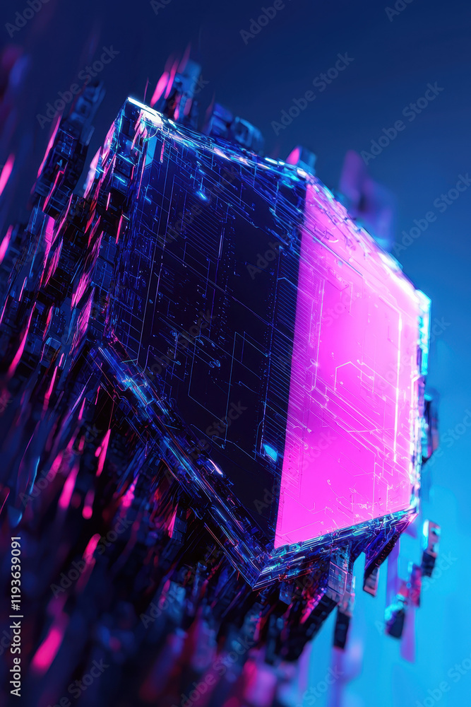 Poster futuristic neon circuit chip with electrifying glowing design in abstract technological vision