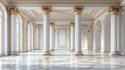 Fototapeta premium Elegant marble hall with tall columns and golden accents, showcasing classic architecture and bright lighting