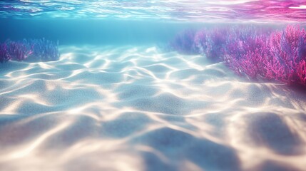 An underwater-inspired texture showing gentle ripples of light reflecting off a sandy seabed mixed with scattered patterns of vibrant coral gradients in tints of cyan and magenta. 32k