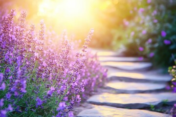 Obraz premium Serene Lavender Pathway at Sunset Bathed in Golden Light, Inviting Nature Walk Through a Vibrant Garden of Blooming Flowers and Lush Greenery