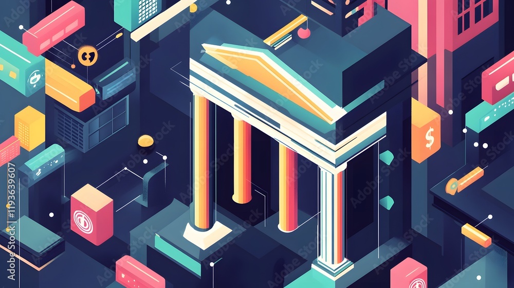 Poster abstract digital banking architecture isometric design