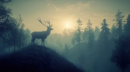 Majestic stag silhouetted against misty sunrise in a forest.