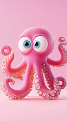 The image features a cute, cartoon-style pink octopus with large, expressive blue eyes and tentacles covered in suction cups
