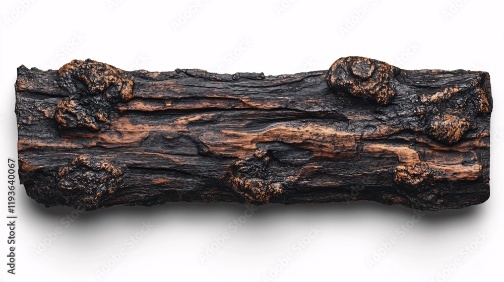 Poster unique burnt wood log with intricate texture and details displayed on a white background