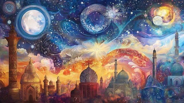 Symbolic visualization of spiritual unity portrayed through interfaith symbols celestial motifs in harmonious designs