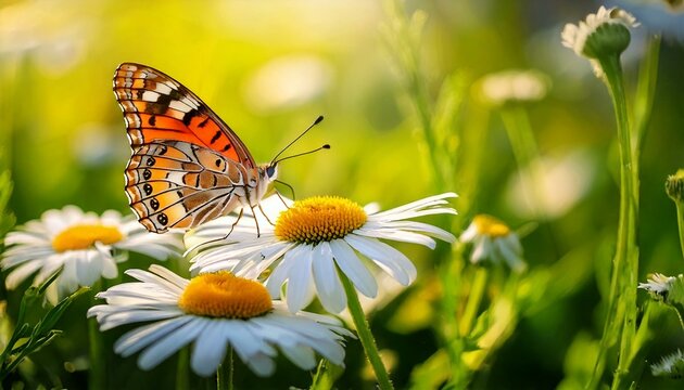Beautiful butterfly on a daisy flower in nature outdoors close up macro in spring or summer.
