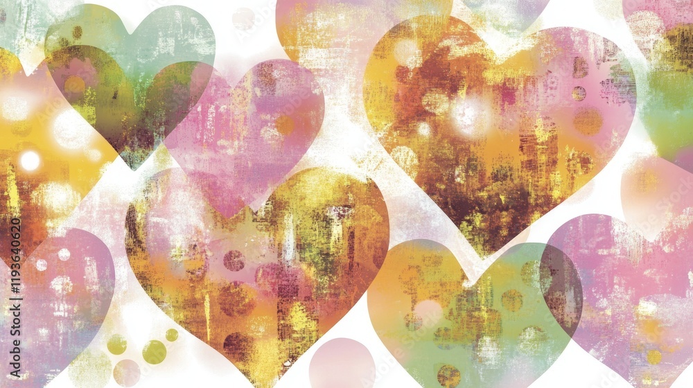 Poster colorful hearts with various textures create a playful pattern on a light pastel background for a ch