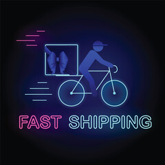 Neon Fast Shipping Banner, a delivery man on a bicycle with a package tied with the blue bow and text Fast Shipping with stylish navy blue elements for Digital and Retail Marketing