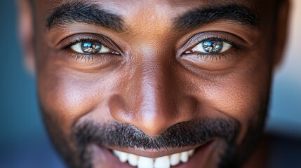 A close-up portrait of a smiling man with expressive eyes, showcasing a range of emotions