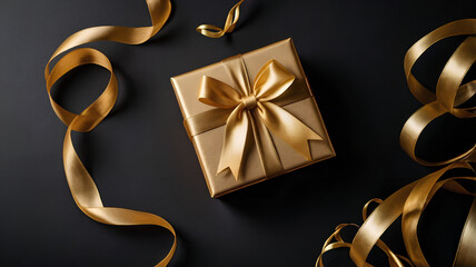 Illustration a glod present box on a festive table with Christmas decor, golden ribbons. Composition for celebrate holiday. 