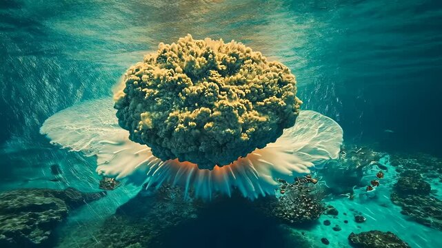 Explosion creates mushroom cloud ocean.Water radiates epicenter.Heat,light bursts infer intense energy release.Smoke ascends stratosphere.Destruction,awe evoke viewer witnessing cataclysmic event.