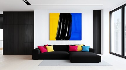 Modern living room featuring a vibrant abstract painting with bold colors and stylish furniture