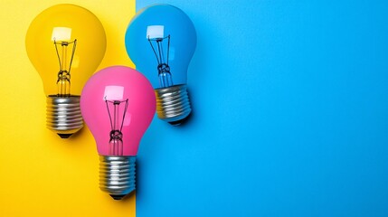 Colorful light bulbs arranged creatively on a vibrant yellow and blue background