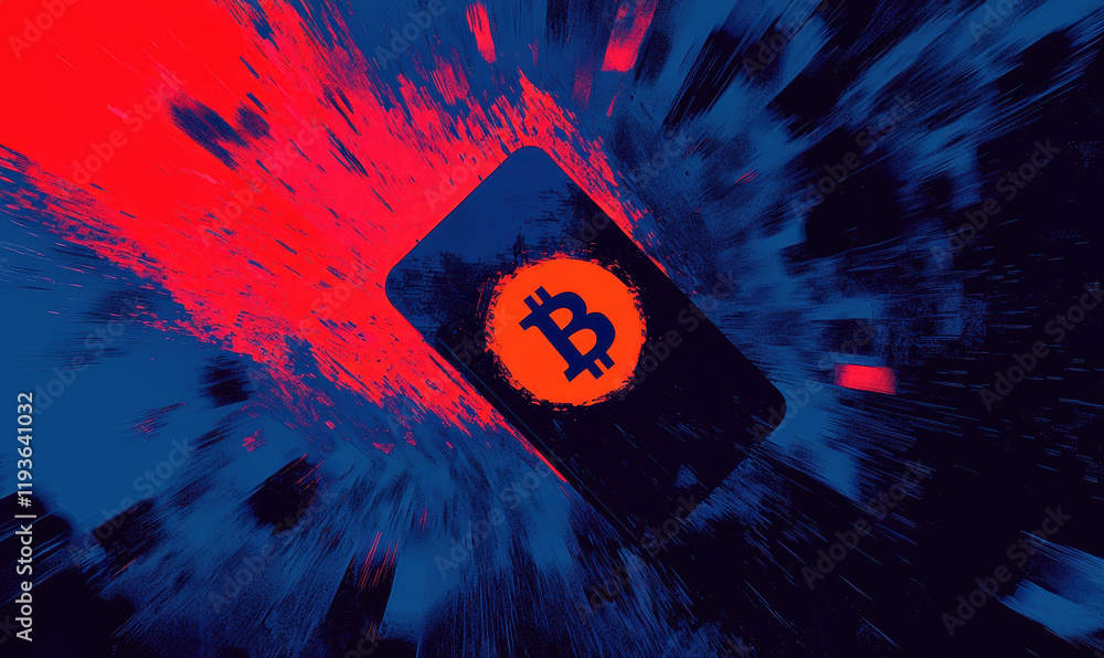 Poster dynamic explosion of digital cryptocurrency concept with bitcoin symbol on mobile background in blue