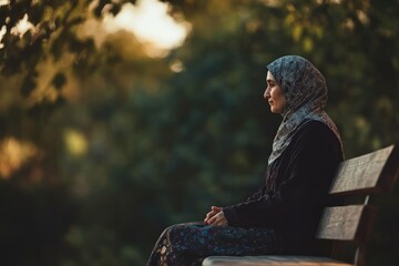 Fototapeta premium Serene Woman in Headscarf Sitting on Park Bench Surrounded by Nature, Deep in Thought, Capturing Moment of Reflection and Empowerment in Autumn Light