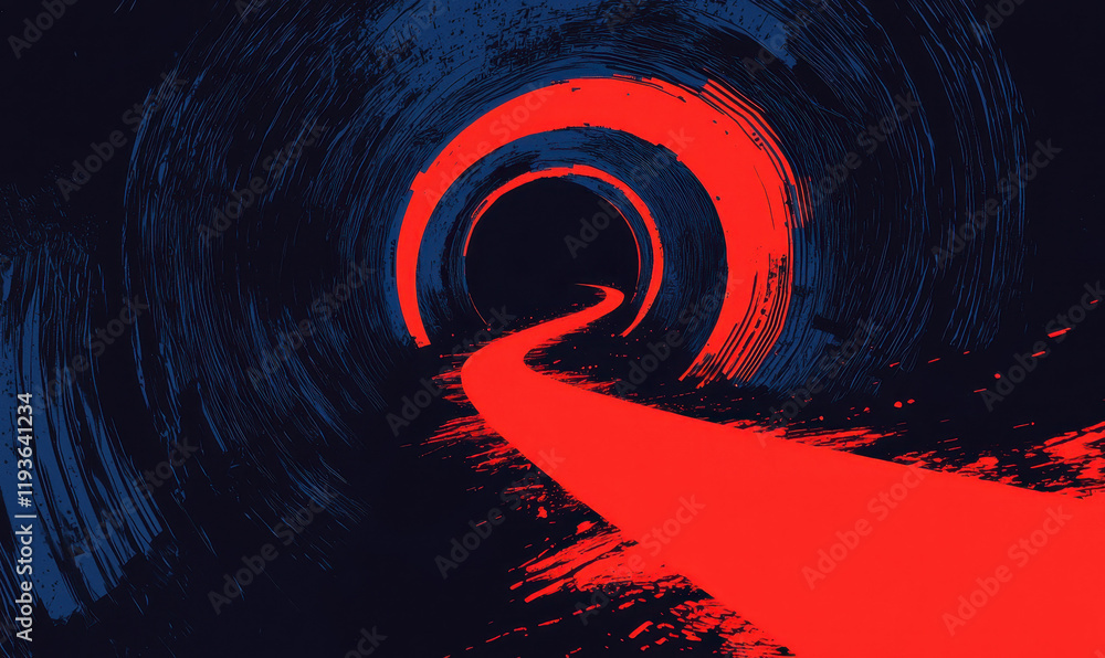 Poster dynamic abstract tunnel art with vivid red and blue contrast: a visual exploration of motion and ene