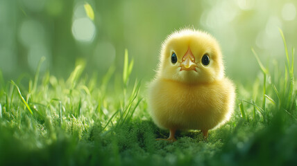 A fluffy chick standing on grass in soft sunlight.