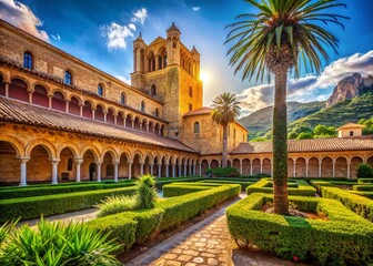 Naklejka premium Monreale Abbey Cloister: Sunlit Courtyard & Majestic Tower - High-Resolution Stock Photo