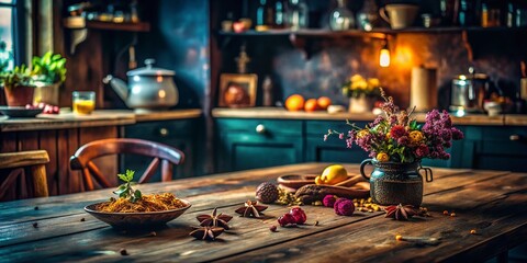 Moody Dark Kitchen Macro Still Life: Wooden Table Detail with Rustic Decor