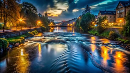 Obraz premium Moody Night River Scene: Dark Water, Glowing Reflections, Low Light Photography
