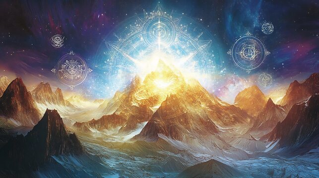 Sacred mountains illuminated divine light surrounded by spiritual symbols and celestial representations of higher connection