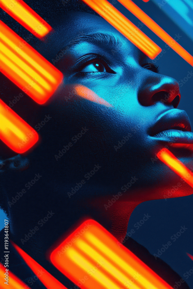 Poster explore the captivating fusion of color and light in a futuristic portrait of bold expression and vi