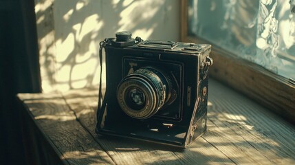 Antique camera on rustic wooden windowsill.