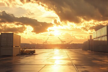 Obraz premium Stunning Sunset Over Industrial Port with Cranes and Shipping Containers Under Dramatic Cloudy Sky Reflecting Golden Light on Wet Surface
