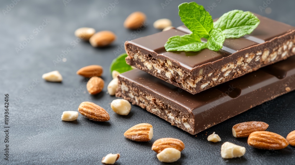 Poster chocolate bar with a green leaf on top is placed on a table with nuts