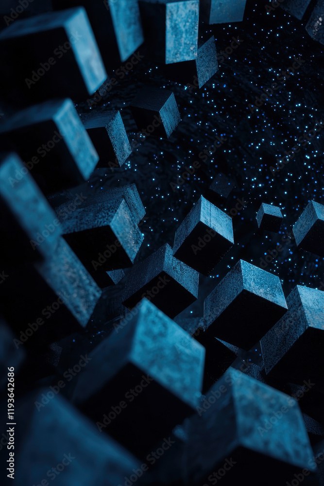 Aufkleber futuristic digital abstract art: blue geometric cubes floating in space against a starry background 