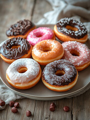 Assorted donuts on a plate with rustic background.