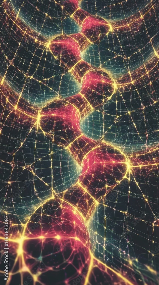 Poster futuristic grid warping into heart shapes, merging space and time in a surreal visual experience