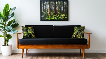 Modern living room with a black sofa adorned with leafy cushions and a forest artwork