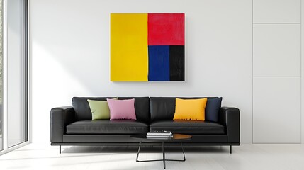 Modern living room with a black sofa and colorful cushions, featuring abstract wall art