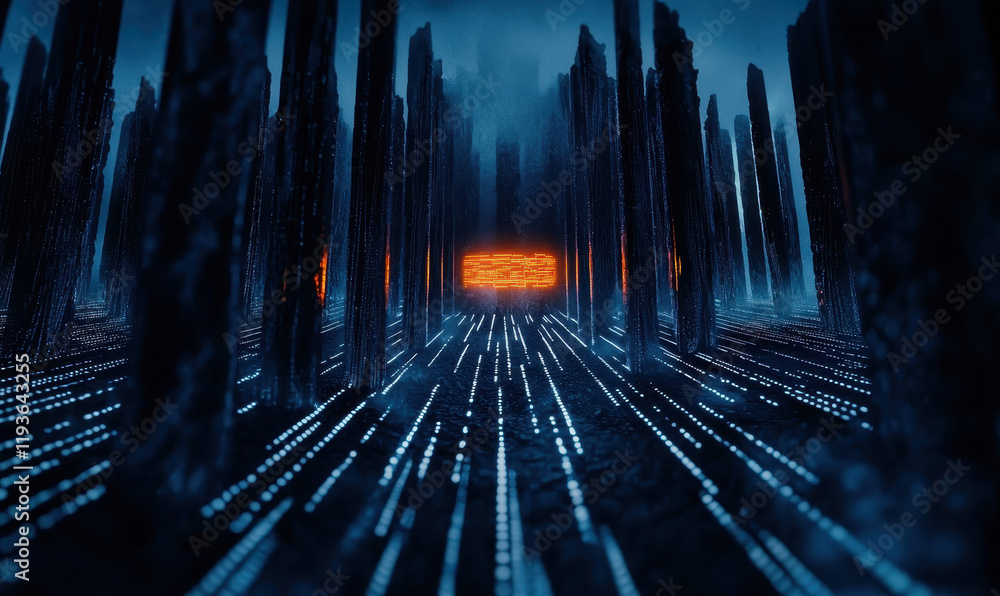 Poster futuristic cyber landscape with glowing pathways and digital structures in a mysterious atmosphere