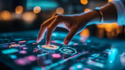 Female hand interacting with futuristic touchscreen interface in dark room