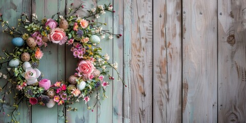 Floral easter wreath on rustic wood