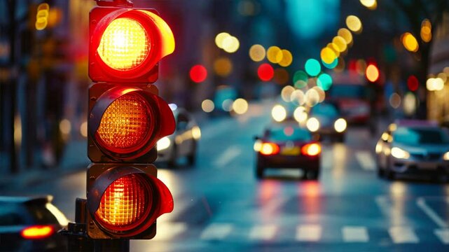 Traffic light showing red signal on busy city street at night, with blurred vehicles and urban lights creating vibrant bokeh background.