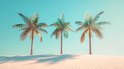 Three palm trees on a sandy beach under a clear sky.