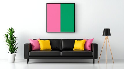 Modern living room with a black sofa, colorful cushions, large artwork, and a stylish lamp