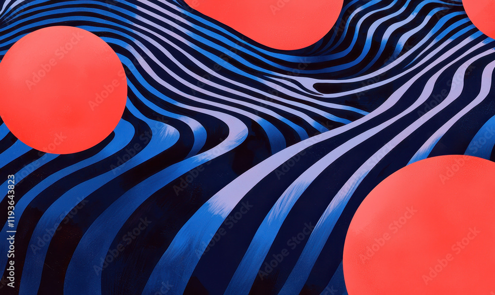 Poster vibrant abstract design with bold red spheres and dynamic blue waves creating a striking geometric p