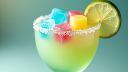 Margarita with colorful ice cubes in bright hues, melting into the drink, surrounded by soft, neutral lighting, creating a fun and vibrant atmosphere.