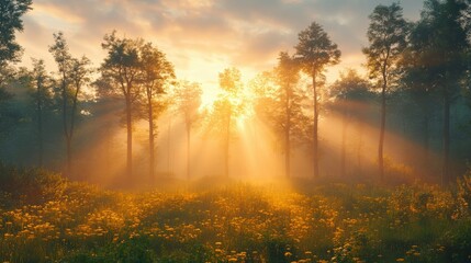 Majestic Sunrise over Misty Forest with Sunlight Filtering Through Trees and Illuminating Wildflowers in a Serene Natural Landscape