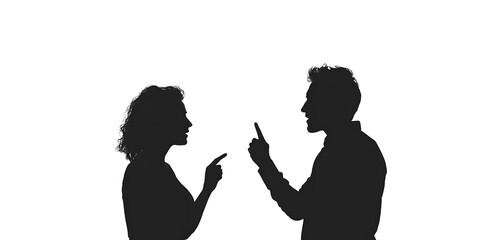 Silhouette of a couple arguing, pointing fingers at each other against a white background. A depiction of conflict and disagreement.