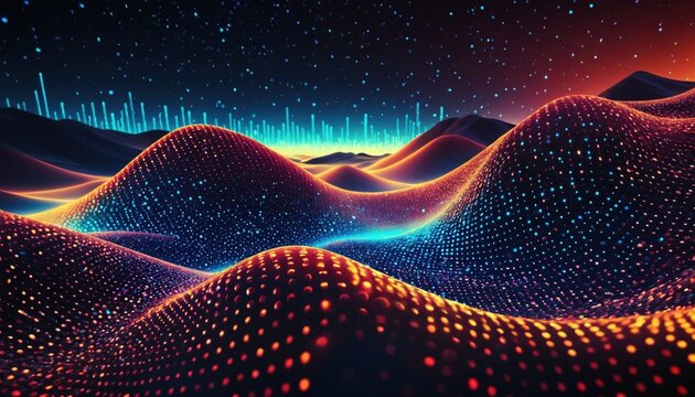 Data technology background with dots and binary code on 3D wave landscape