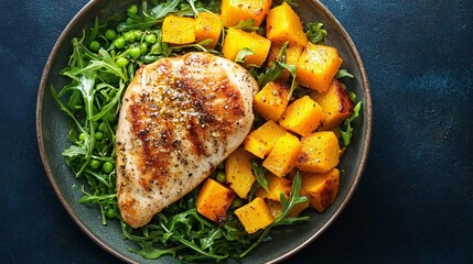 Delicious grilled chicken served with roasted squash and fresh greens