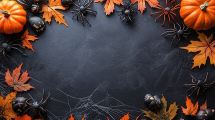 Autumn decoration featuring pumpkins, spiders, and colorful leaves for Halloween