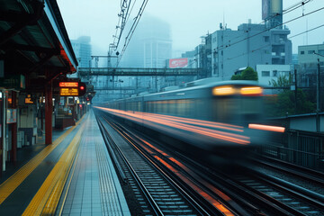 Obraz premium High speed train gliding through urban landscape during twilight hours
