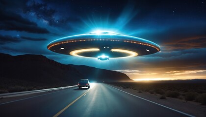 Obraz premium flying saucer hovering over a desert road, with a beam of light shining down on a car