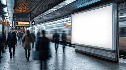 A large, clean white billboard stands prominently in a busy indoor station, surrounded by the blurred movement of people passing by. A modern architectural design, perfect for advertising